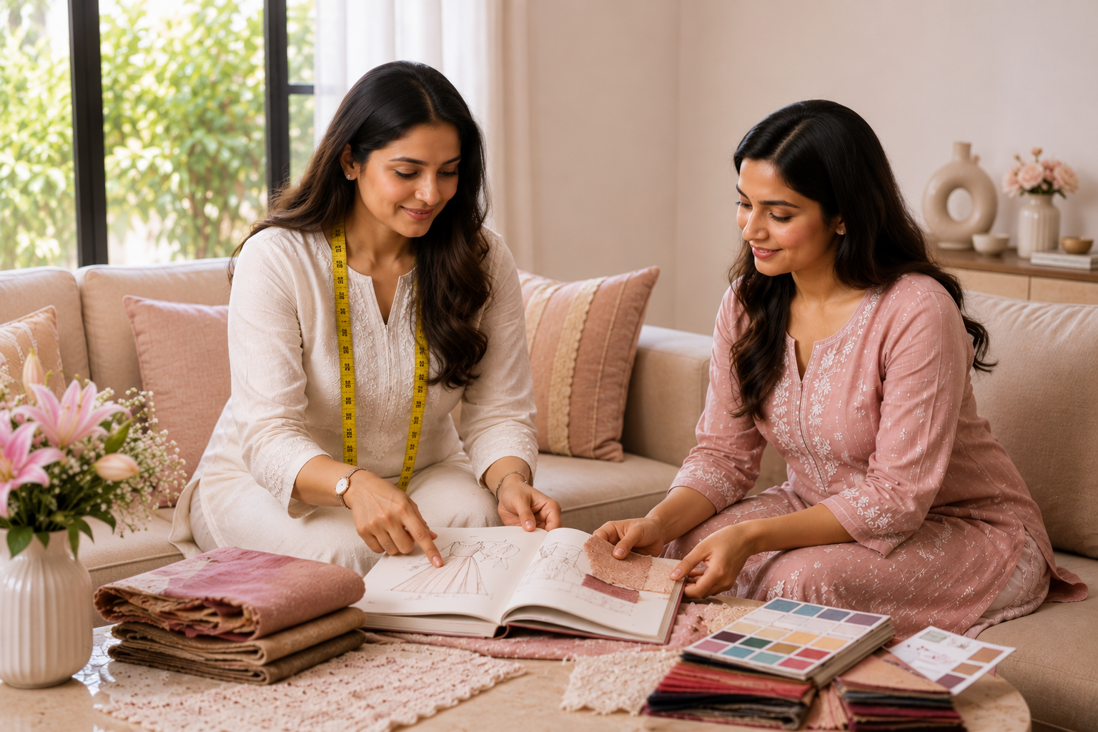 Professional female tailor consulting with a client at home, reviewing fabric swatches and dress designs for custom stitching in Gurgaon.